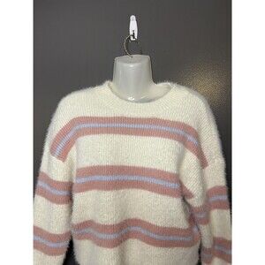 Derek Heart Sweater Juniors Medium White Pink Blue Striped Fuzzy Knit Pullover